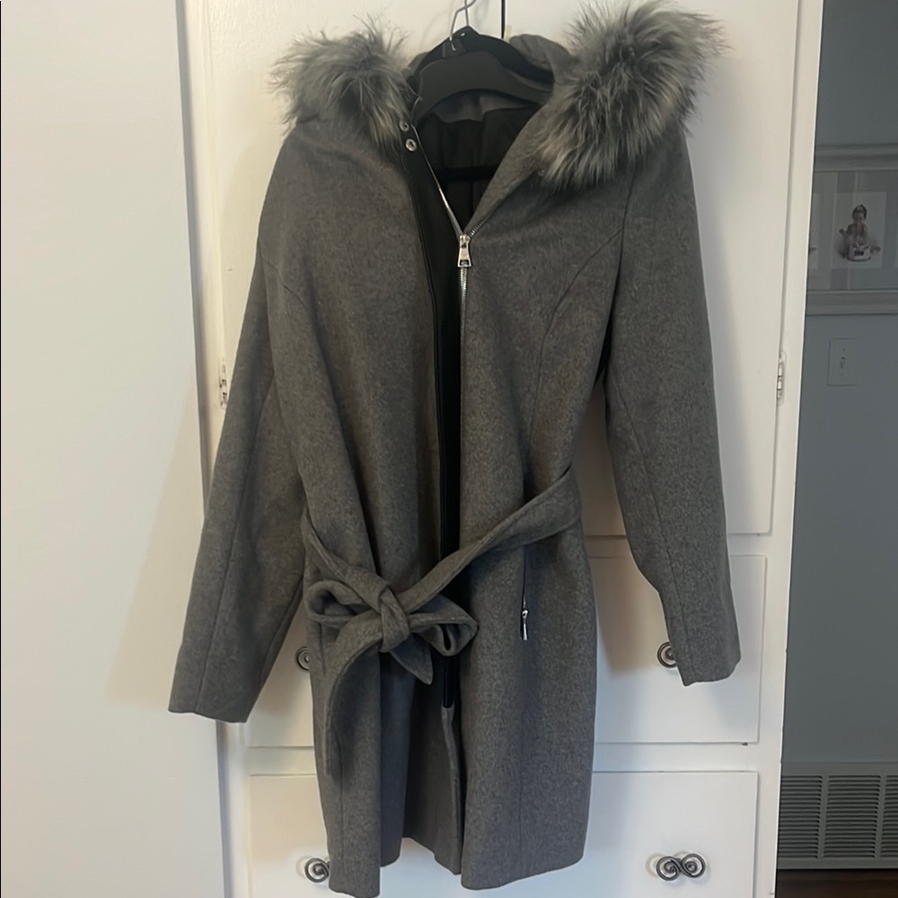 NWOT Karl Lagerfeld Gray Trench Coat with Oversized Hood